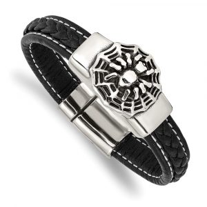 Stainless Steel Antiqued & Polished Spider Blk Faux Leather 8.5-inch Bracelet