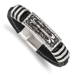 Stainless Steel Antiqued & Polished w/Enamel Faux Leather 8.5-inch Bracelet