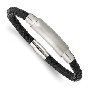 Stainless Steel Brushed and Polished Braided Black Leather 8.25-inch Bracelet