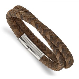 Stainless Steel Polished Brown Leather 14.75-inch Wrap Bracelet