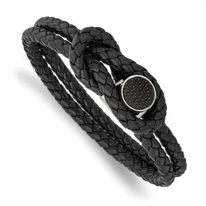 Stainless Steel Polished Black Carbon Fiber Inlay Leather 8.5-inch Bracelet