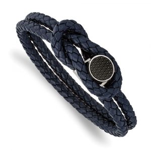 Stainless Steel Polished w/Carbon Fiber Inlay Navy Leather 8.5-inch Bracelet