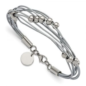 Stainless Steel Polished Beaded Multi-Strand Grey Leather 8-inch Bracelet