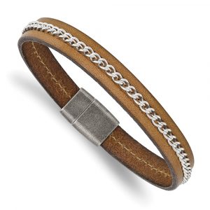Stainless Steel Antiqued Brushed & Polished Brown Leather & Cha-inch Bracelet