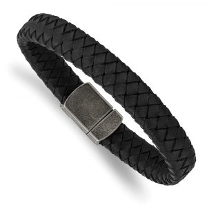 Stainless Steel Antiqued Black Leather 8.25-inch Bracelet