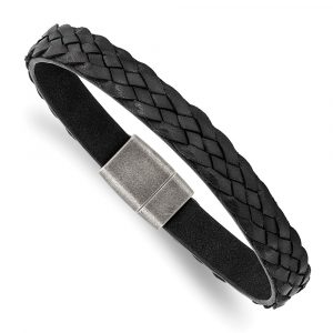 Stainless Steel Antiqued Black Braided Leather 8.25-inch Bracelet
