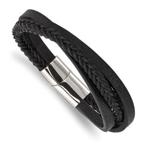 Stainless Steel Polished Black Leather Multi-Strand 8.25-inch Bracelet