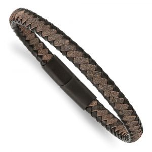 Stainless Steel Brushed Black IP-plated Black/Brown Leather 8.25-inch Bracelet