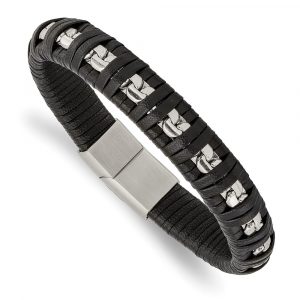 Stainless Steel Polished Black Leather with Cha-inch 8.25-inch Bracelet