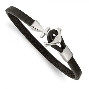Stainless Steel Polished Anchor Black Leather 8-inch Bracelet