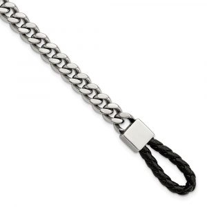 Stainless Steel Polished Curb Cha-inch w/Black Leather Hook 8.25-inch Bracelet