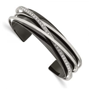 Stainless Steel Polished Black IP-plated w/Crystal Layered Cuff Bangle