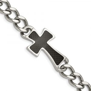 Stainless Steel Polished Black Carbon Fiber Inlay Cross 8.5-inch Bracelet