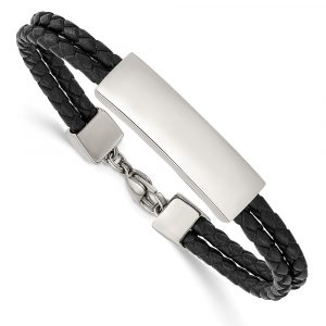Stainless Steel Polished Black Leather 2 Strand 7-inch ID Bracelet