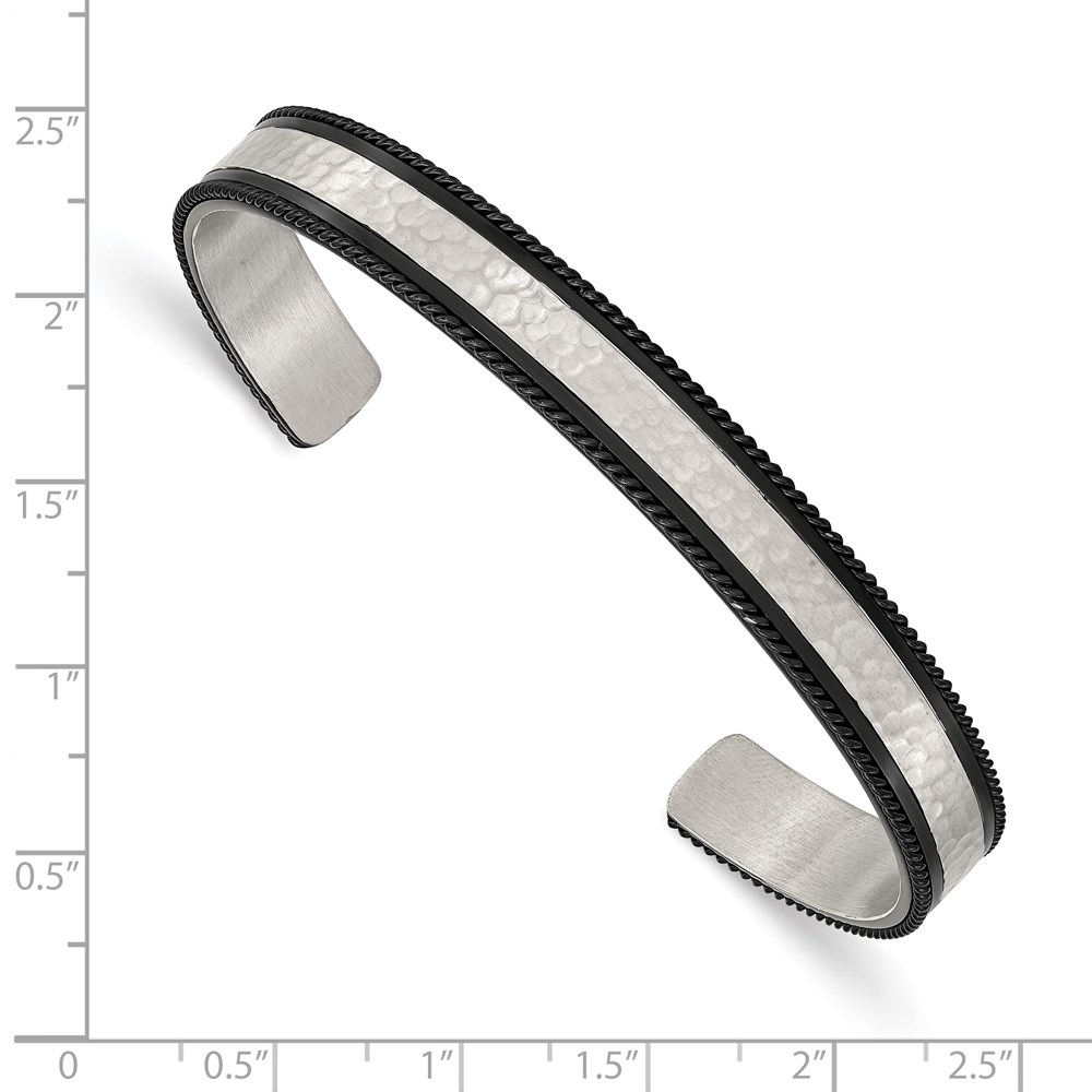 Stainless Steel Brushed Polished & Hammered Black IP Wire Edge Bangle - Image 3