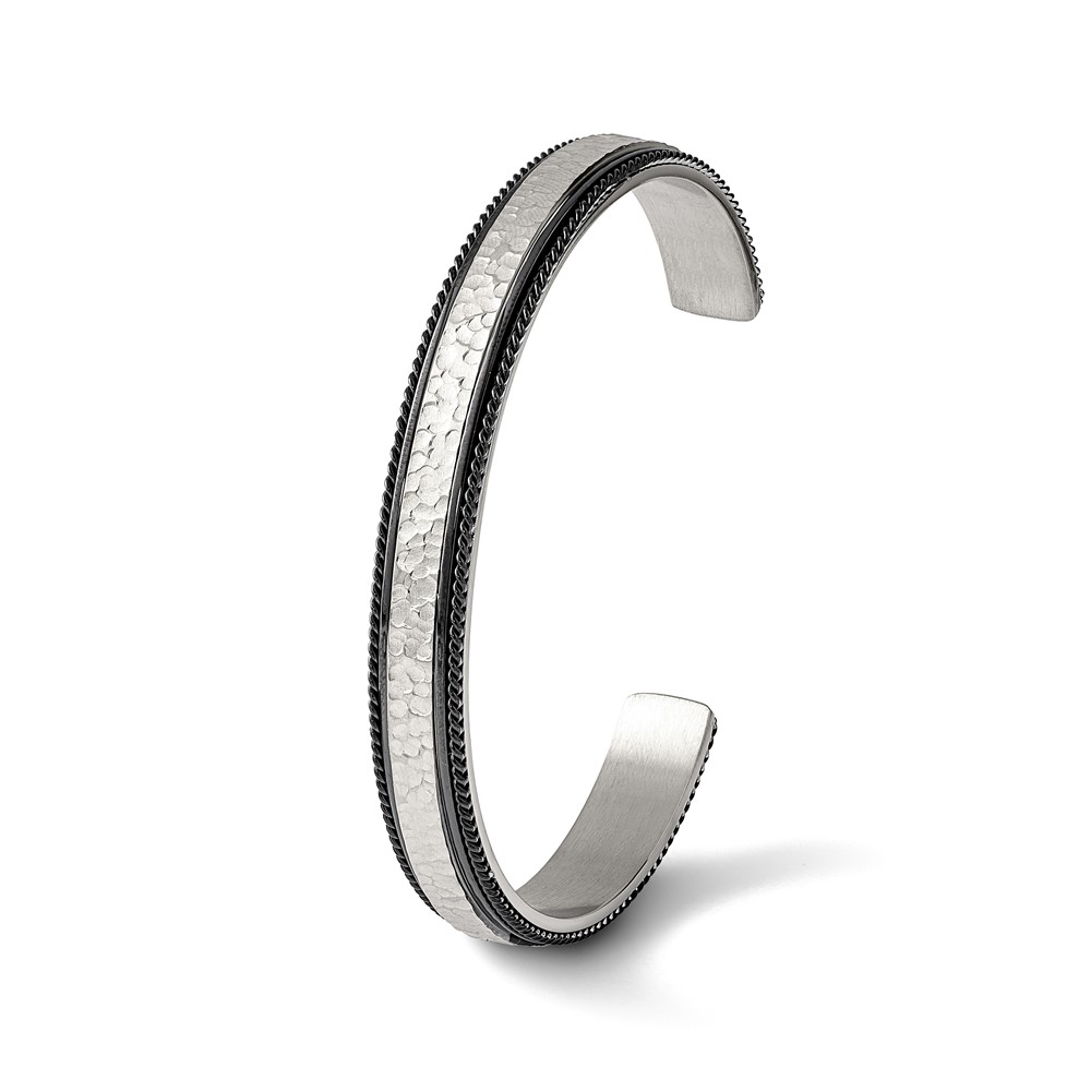 Stainless Steel Brushed Polished & Hammered Black IP Wire Edge Bangle - Image 5