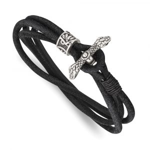 Stainless Steel Antiqued & Polished Snake Suede 16.5-inch Wrap Bracelet