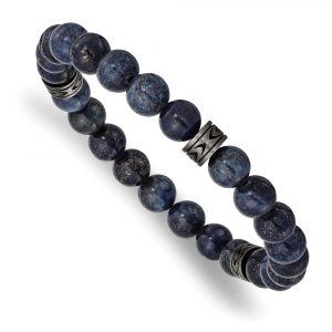 Stainless Steel Antiqued White Bronze-plated Lapis Beaded Stretch Bracelet