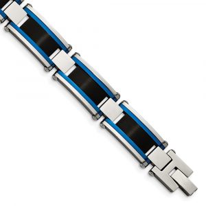 Stainless Steel Brushed and Polished Black & Blue IP-plated 8.75-inch Bracelet