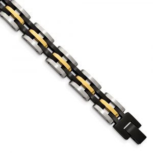 Stainless Steel 8.25-inch Brushed & Polished Black & Yellow IP Link Bracelet