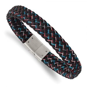 Stainless Steel Polished Black Leather w/Multi-color Wire 8.25-inch Bracelet