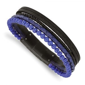Stainless Steel Polished Black IP with Lapis Leather 8 +.5-inch Bracelet