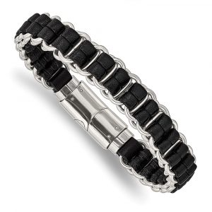 Stainless Steel Polished Black Leather 8.5-inch Bracelet
