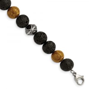 Stainless Steel Antiqued 9.5-10mm Lava/Red Wood Stone w/1-inch ext Bracelet