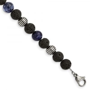 Stainless Steel Antiqued & Polished Lava Stone/Sodalite w/1-inch ext Bracelet