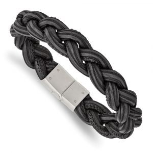 Stainless Steel Brushed Black and Grey Braided Leather 8.25-inch Bracelet