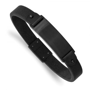 Stainless Steel Brushed Black IP-plated Black Leather 8.5-inch ID Bracelet