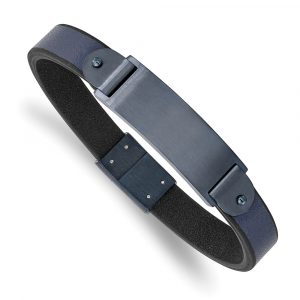Stainless Steel Brushed Dark Grey IP-plated Blue Leather 8.5-inch ID Bracelet