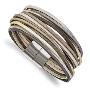 Stainless Steel Polished Multi-Strand Metallic Faux Leather 7.25-inch Bracelet