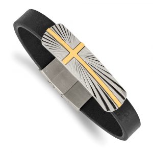 Stainless Steel Polished Yellow IP Cross Black Leather w/.5-inch ext Bracelet