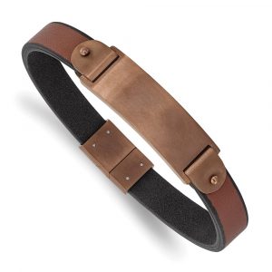 Stainless Steel Brushed Brown IP-plated Brown Leather 8.5-inch ID Bracelet