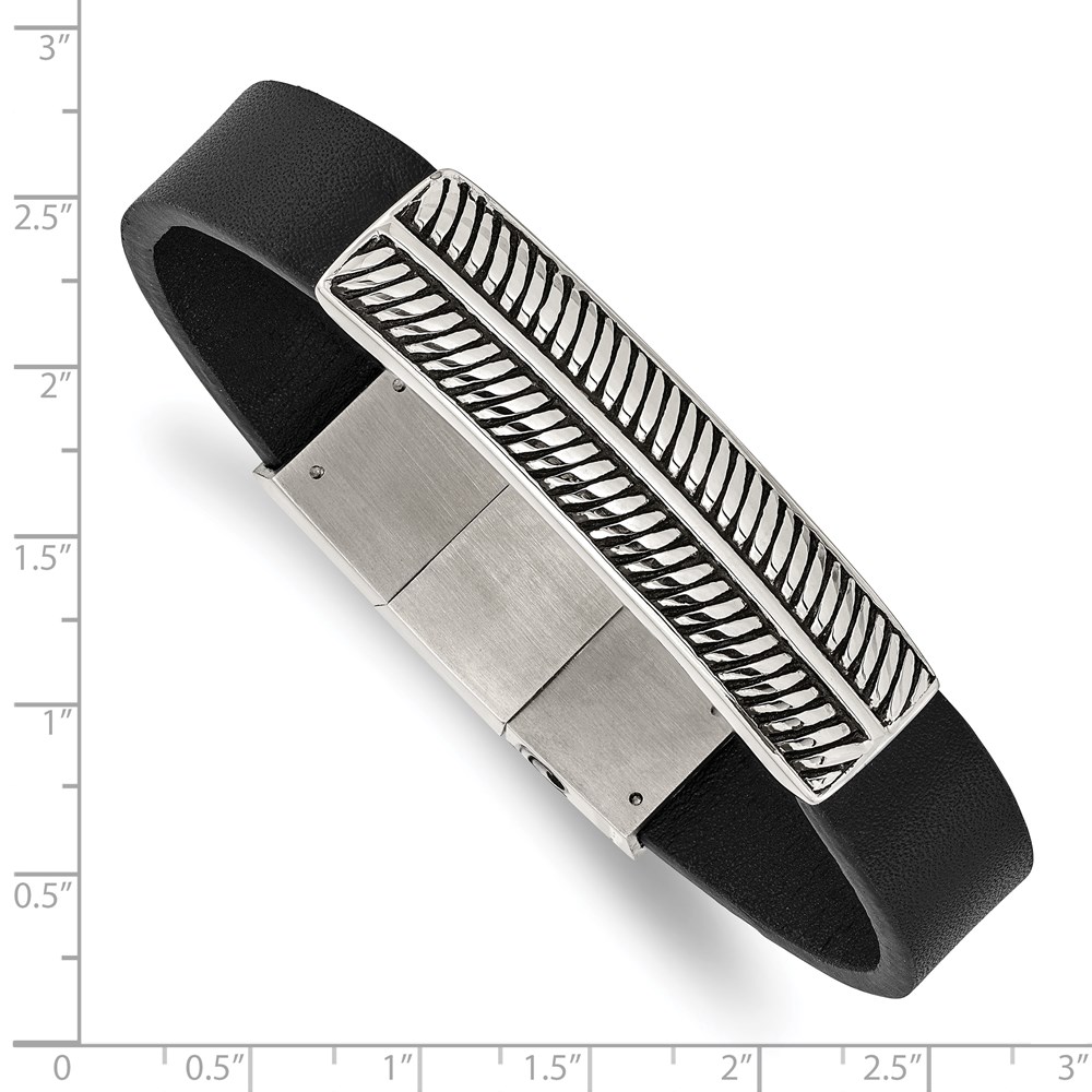 Stainless Steel Antiqued and Polished Black Leather w/.5-inch ext 8-inch Bracelet - Image 3