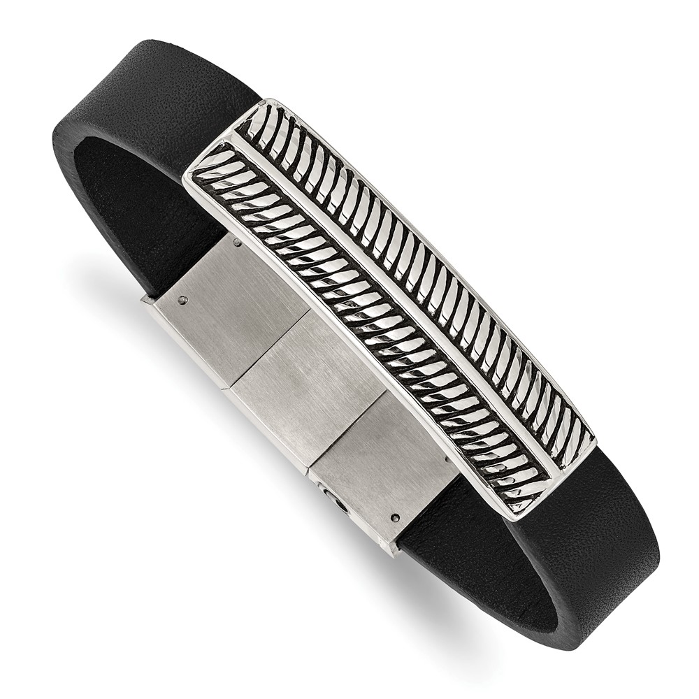 Stainless Steel Antiqued and Polished Black Leather w/.5-inch ext 8-inch Bracelet