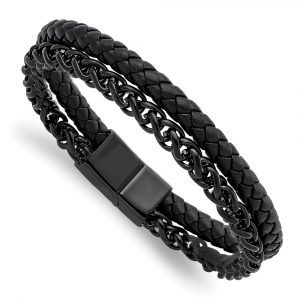 Stainless Steel Polished Black IP-plated Cha-inch Black Leather 8.5-inch Bracelet