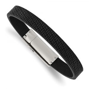 Stainless Steel Polished Textured Black Leather 8.5-inch Bracelet