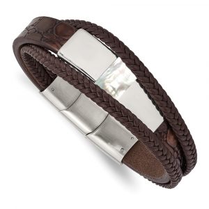 Stainless Steel Polished with Shell Pearl Leather 8-inch w/.5-inch ext Bracelet