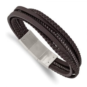 Stainless Steel Brushed Brown Braided Leather & Wire w/.5-inch ext Bracelet