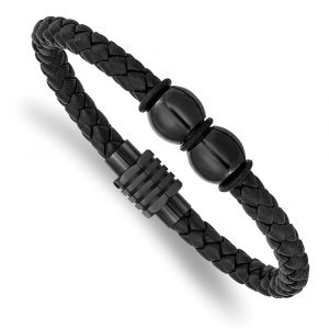 Stainless Steel Polished Black IP Black Rubber and Leather 8.25-inch Bracelet