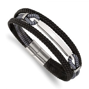 Stainless Steel Polished Leather and Cotton Multi Strand 8.25-inch ID Bracelet