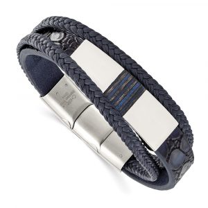 Stainless Steel Polished Blue Wood Blue Leather 8-inch w/.5-inch ext Bracelet