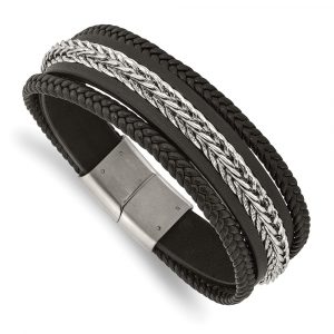 Stainless Steel Polished Black Leather Multi-Strand 8.5-inch Bracelet