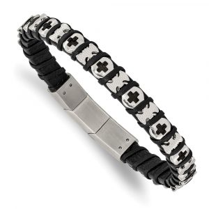 Stainless Steel Polished Cross Black Leather 8-inch w/.5-inch ext Bracelet