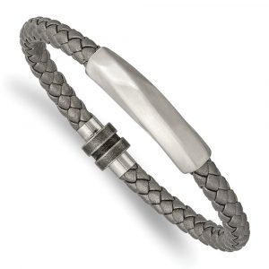 Stainless Steel Antiqued and Brushed Grey Leather 8.25-inch Bracelet