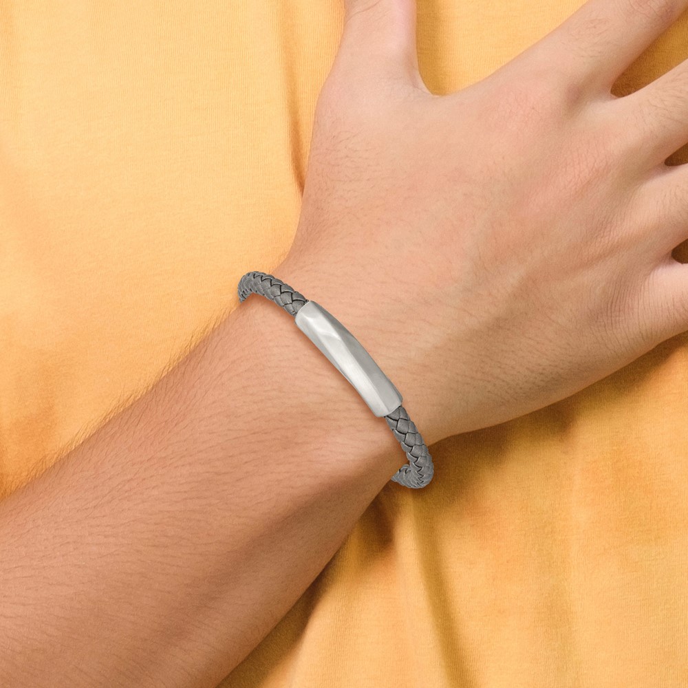 Stainless Steel Antiqued and Brushed Grey Leather 8.25-inch Bracelet - Image 4