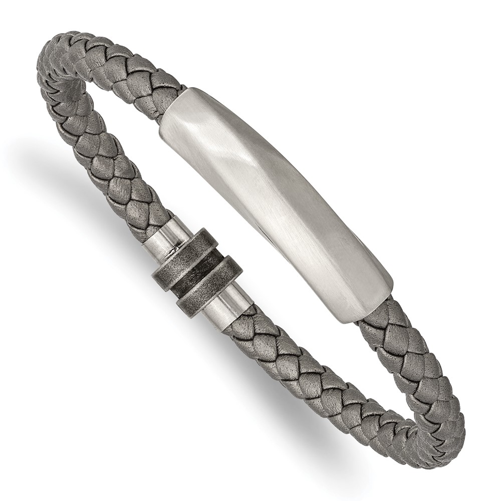 Stainless Steel Antiqued and Brushed Grey Leather 8.25-inch Bracelet