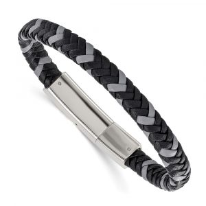 Stainless Steel Polished Black and Grey Braided Leather 8-inch Bracelet